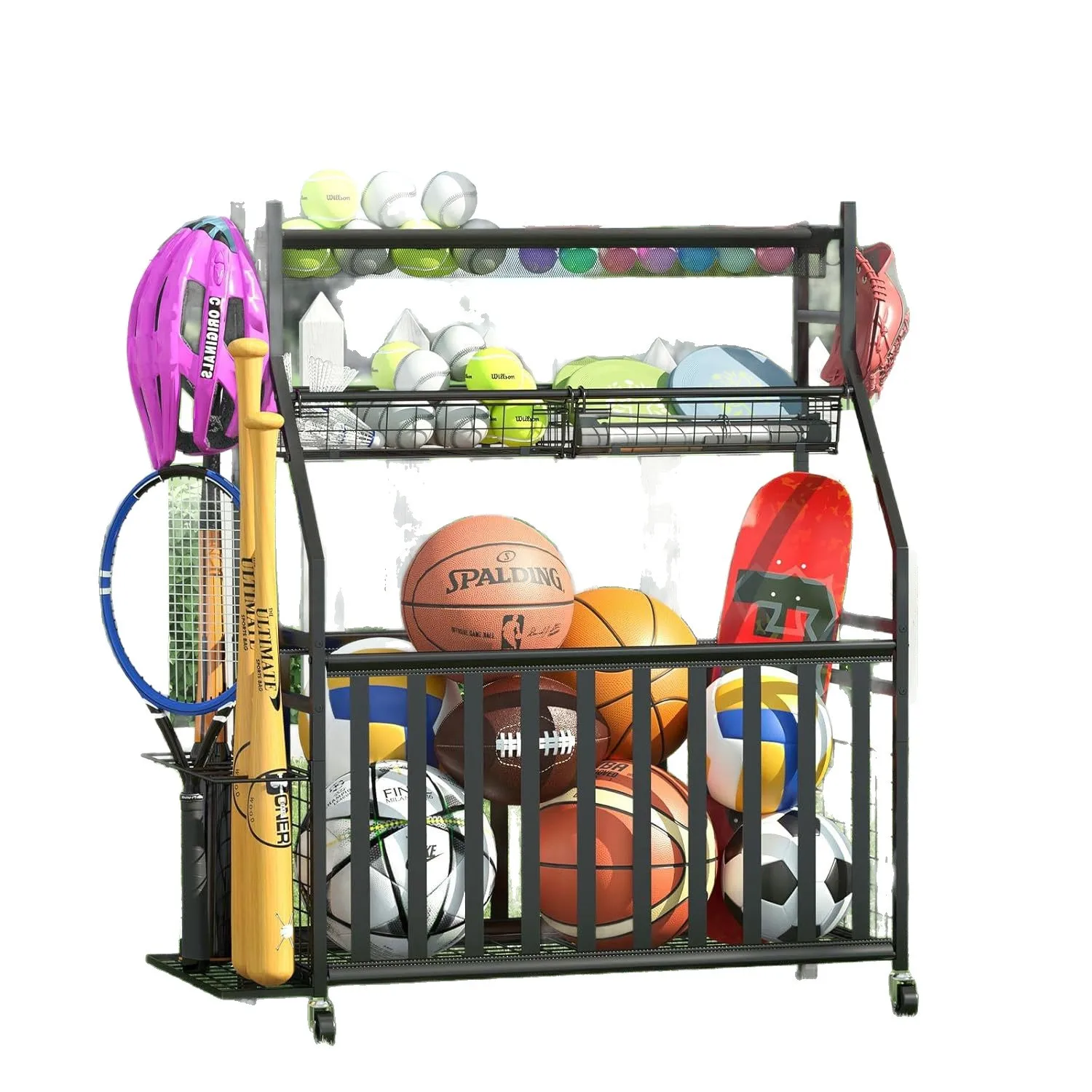 

Sports equipment, integrated storage bag, ball rack, sports ball with wheels, storage rack
