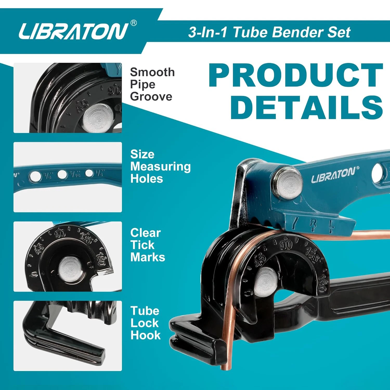 LIBRATON 3PCS Tube Bender Set for Aluminum Brass Pipes, 3-in-1 Manual Tubing Bending Tool & Tube Cutter & Deburring Tool