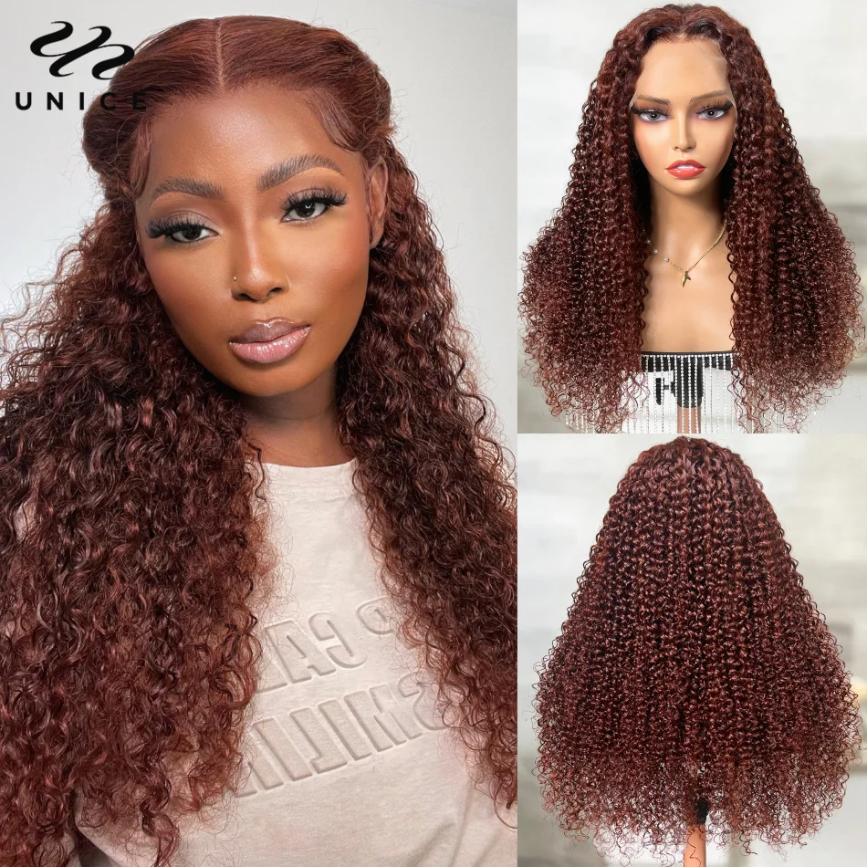 UNice Hair 13x4 Lace Frontal Reddish Brown Curly Human Hair Wig 150% Density Pre Colored Lace Front Wig Clearance On Sale