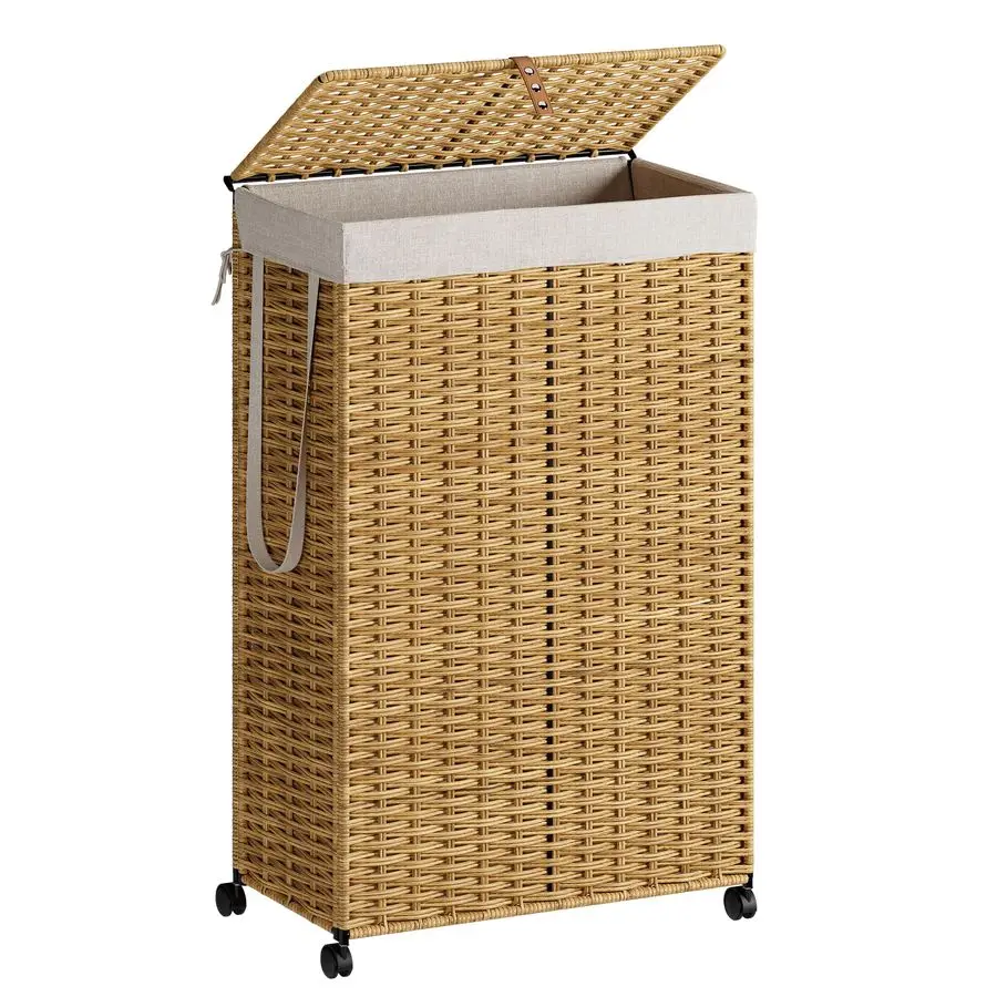 

Laundry Hamper with Wheels and Lid, 90L Slim Laundry Basket with Removable Bag, Foldable Handwoven Rattan Laundry Sorter, Narrow