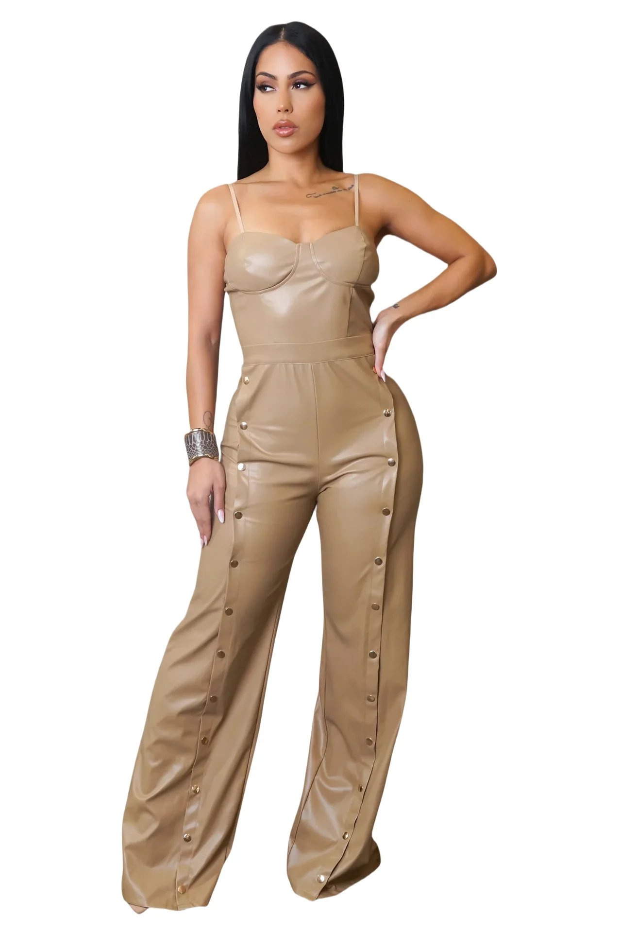 

EINY Women's Sleeveless PU Leather Wide Leg Jumpsuit with Button Slim Fit Solid Color Loose Straight-Leg Party Romper for Women