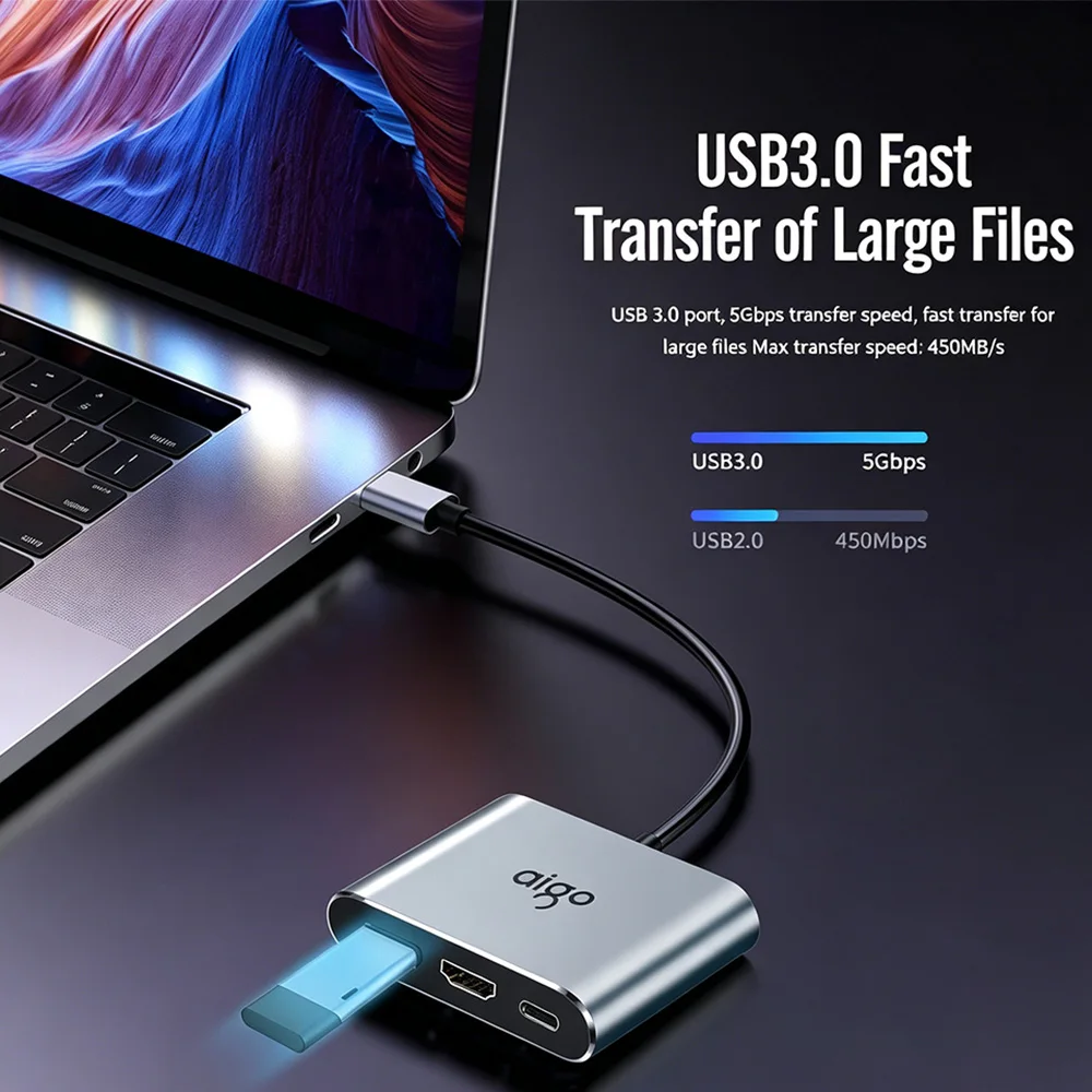 Aigo USB C 3-IN-1 HUB Type-C to HDMI PD100W USB3.0 Docking Station Adapter Splitter Converter For Phone Computer Fast Charge