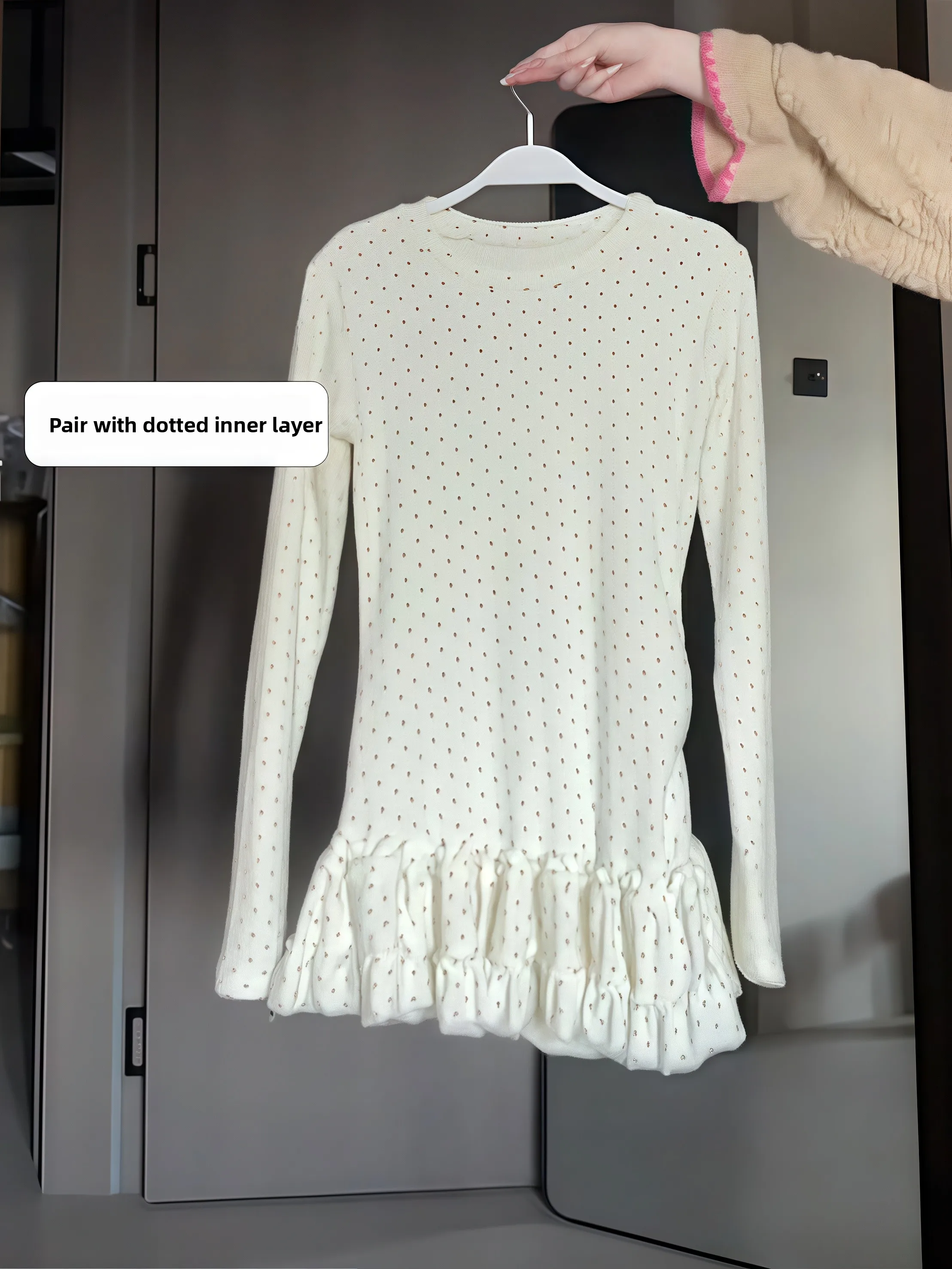 T-shirt American Sle Long Sve da donna Autunno Inverno Nuova vita a Slim Sweet Sle Base Top con stampa a pois