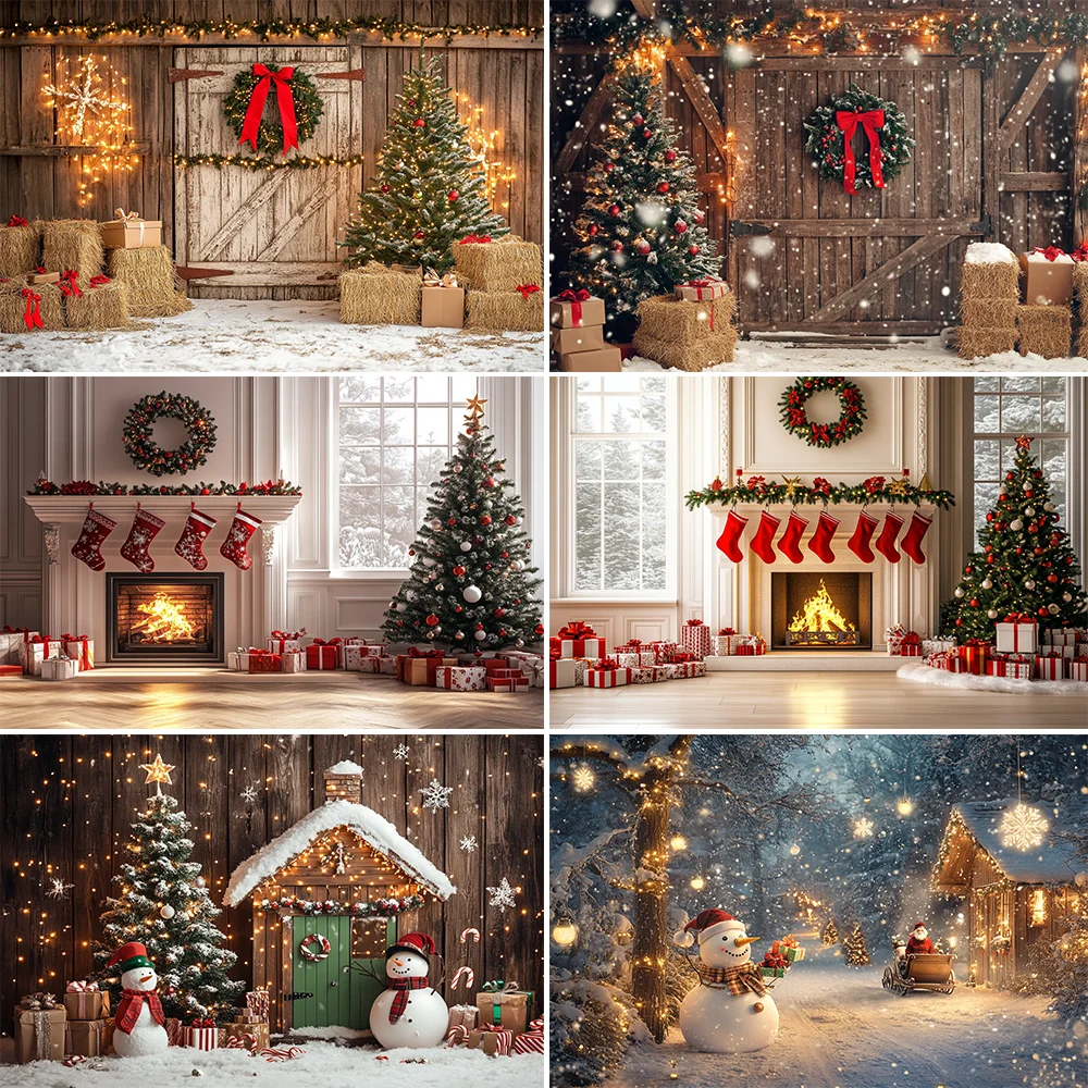 

Photography Background Christmas Gingerbread Wood Door Gifts Xmas Tree Kids Family Portrait Decor Backdrop Photo Studio