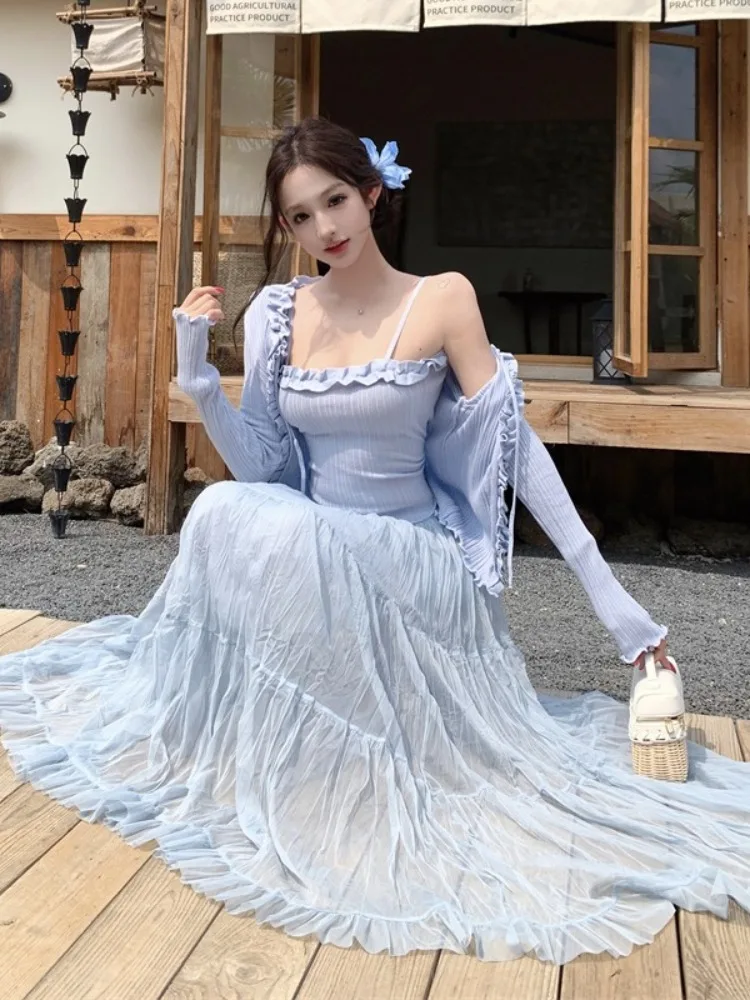 

Summer Fashion Set Beach Vacation Sun Protection Half Skirt Irregular Pleated Umbrella Skirt Cardigan Crop Top Breathable