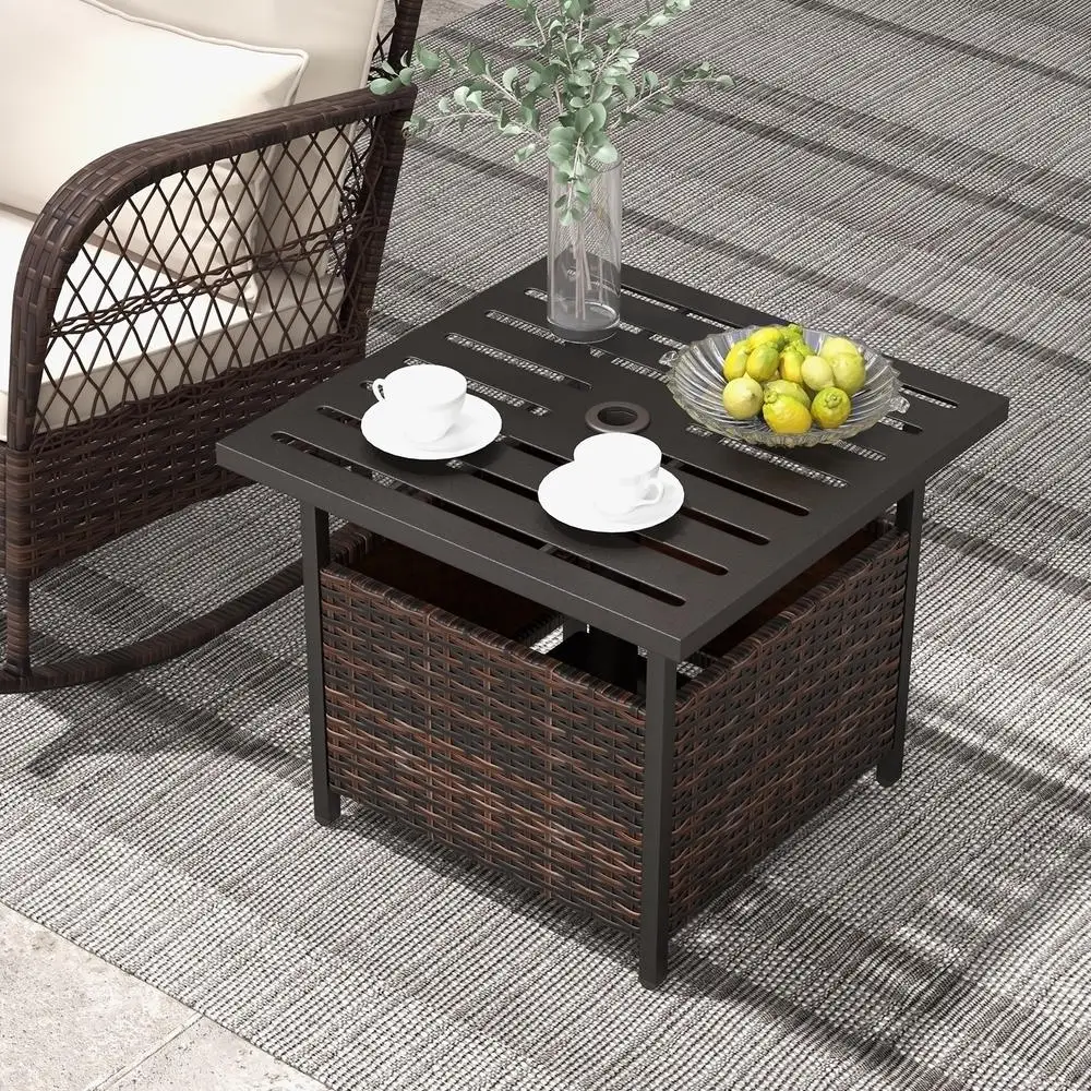 Rattan Coffee Table With Umbrella Hole & Metal Tabletop For Outdoor