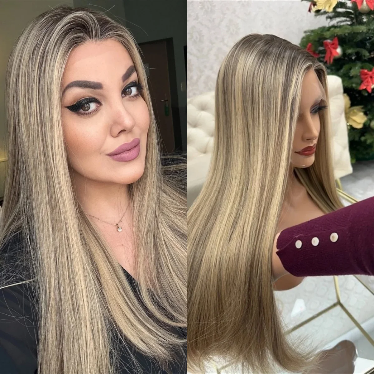 European Style Silky Straight Wigs Bleach Blonde Synthetic Lace Top Wigs with Dark Roots Balayage Long High Quality Ladies Wig