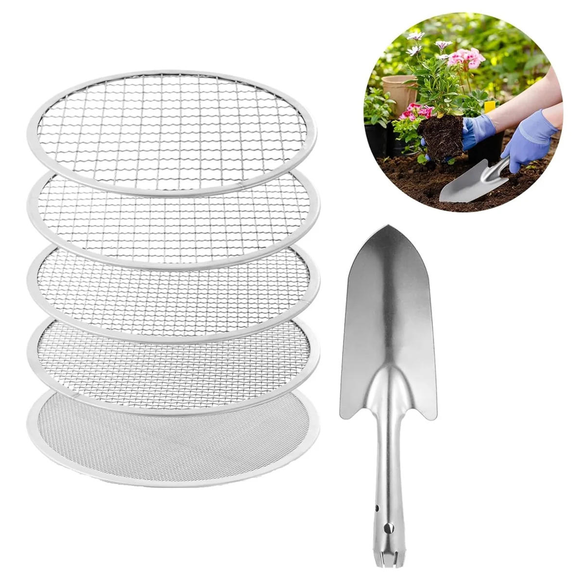 Sieve Mesh FilterSoil Sifter Stainless Steel Riddle Sieve Set for Gardening with 5 Sizes