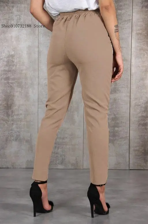 Summer Simply Solid Color Casual Pockets Straight Elastic Waist Lace Up Long Trousers Women