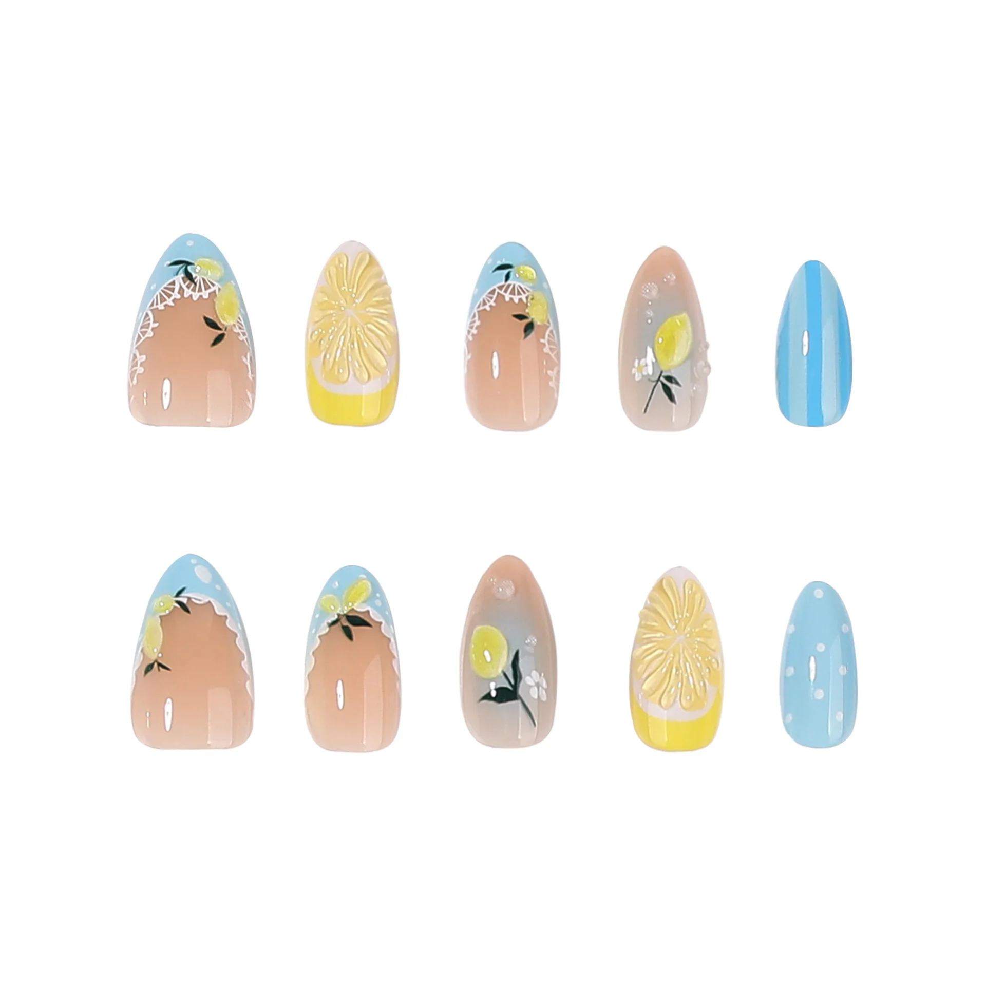 Fresh Minimalist 3D Lemon Design Wearable Nail Tips Short Almond Shape Artificial Nails for Quick And Easy Application