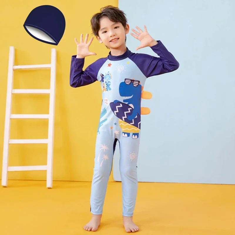 Spring Autumn Baby Boy Girl One Piece Swimsuit Hat 2 Pcs Set Children Swimwear Cartoon Dinosaur Shark Unicorn Suit Kid Beachwear