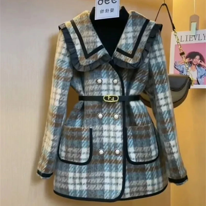 Double-Breasted Small Fragrance Woolen Coat Women 2023 Winter New Niche Explosions Retro Age-Reducing Plaid Woolen Jacket Tide