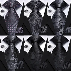 Hi-Tie Fashion 8.5cm Black Grey Floral Mens Elegant Tie Handkerchief Cufflinks Set Wedding Party Accessories Gift for Men Gravat