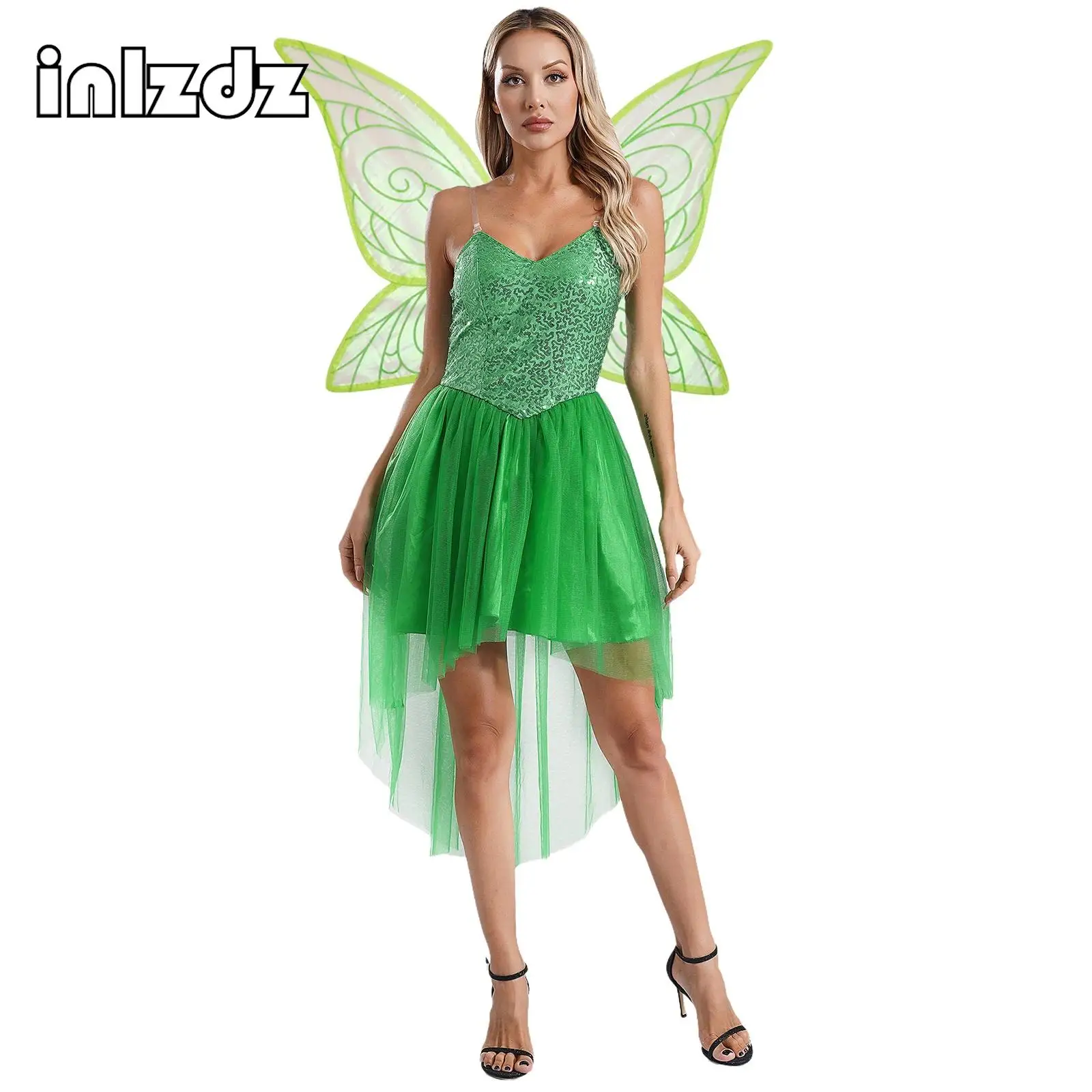 

Green Dress with Wings Elf Costume Outfits for Women Halloween Cosplay Forest Princess Flower Fairy Carnival Party Clothes