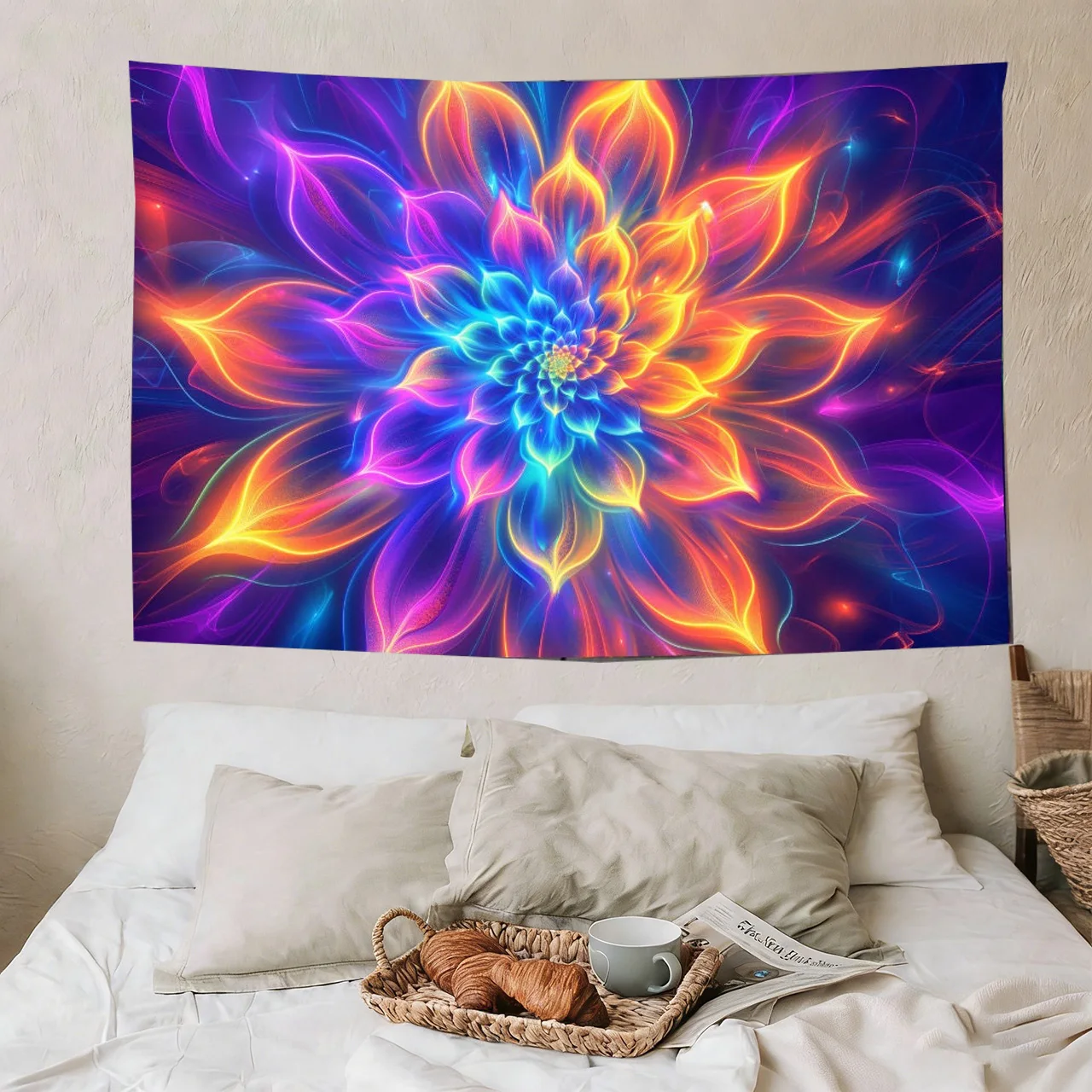 Neon Lotus Flower Non-Luminated Large Tapestry, Large Wall Tapestry for Bedroom, Aesthetic Trippy Room Decor