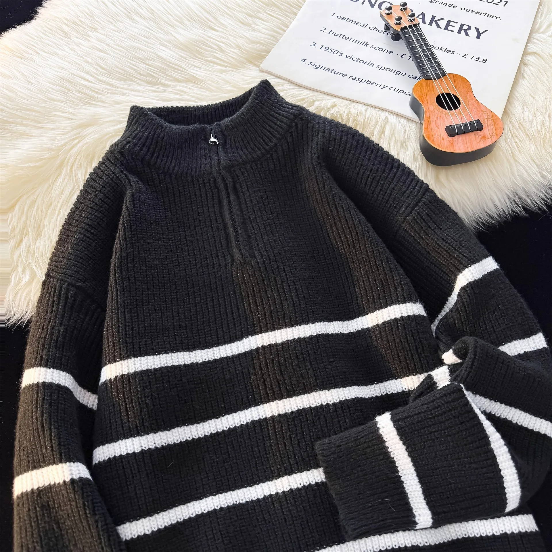 

Casual Striped Knitwear Men's Sle Autumn Winter Korean High-End Loose Fit Color Blo Stand Collar Zipper Polyester Fiber