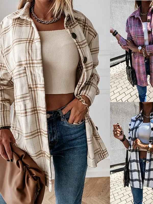 

Loose Vintage Plaid Long Sve irt Street Sle Loose Fit Cheered Pattern Women's Spring Faion Collar Button up