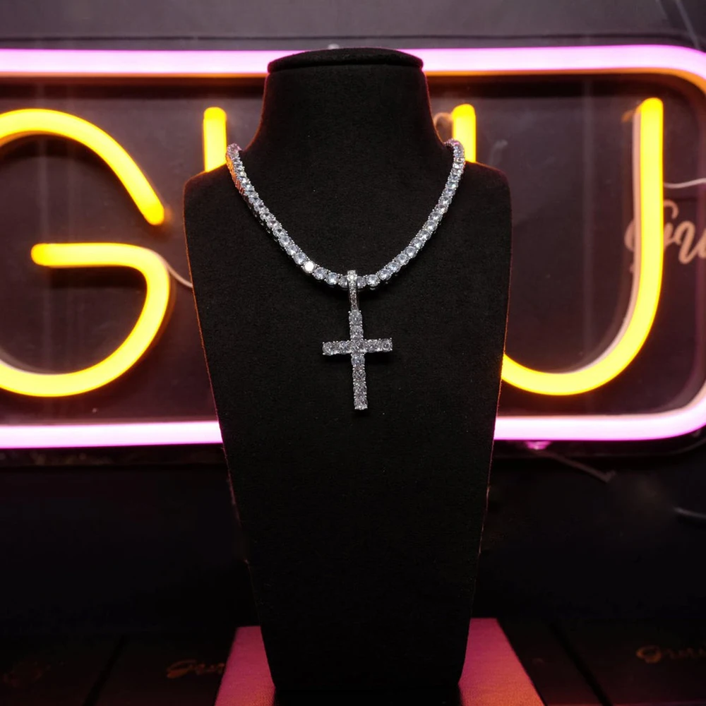 Fashion Simple Bling Cross Jewelry Iced Out Cubic Zirconia Diamond 18k White Gold Plated Cross Pendant Necklace For Men Women