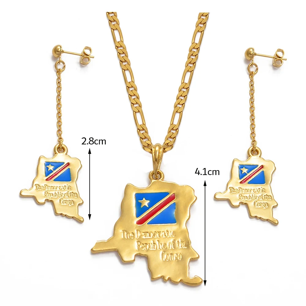 Anniyo Democratic Republic of the Congo Map Necklace Earrings sets Gold Color DRC Pendant Congo Jewelry For Women Girl @046611