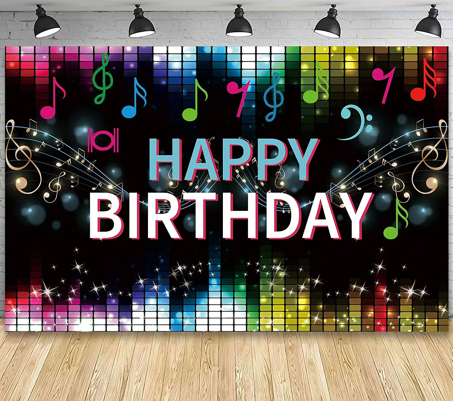 

Happy Birthday Party Poster Banner Photography Backdrop with Fashion Music Notes Bright Stars Photo Booth Background Supplies