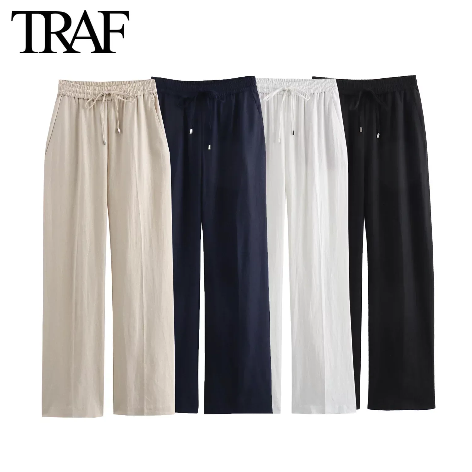 TRAF Women Fashion Spring Summer Lace-up Linen Blended Straight Pants Pocket Office Lady Chic High Waist Trousers Mujer