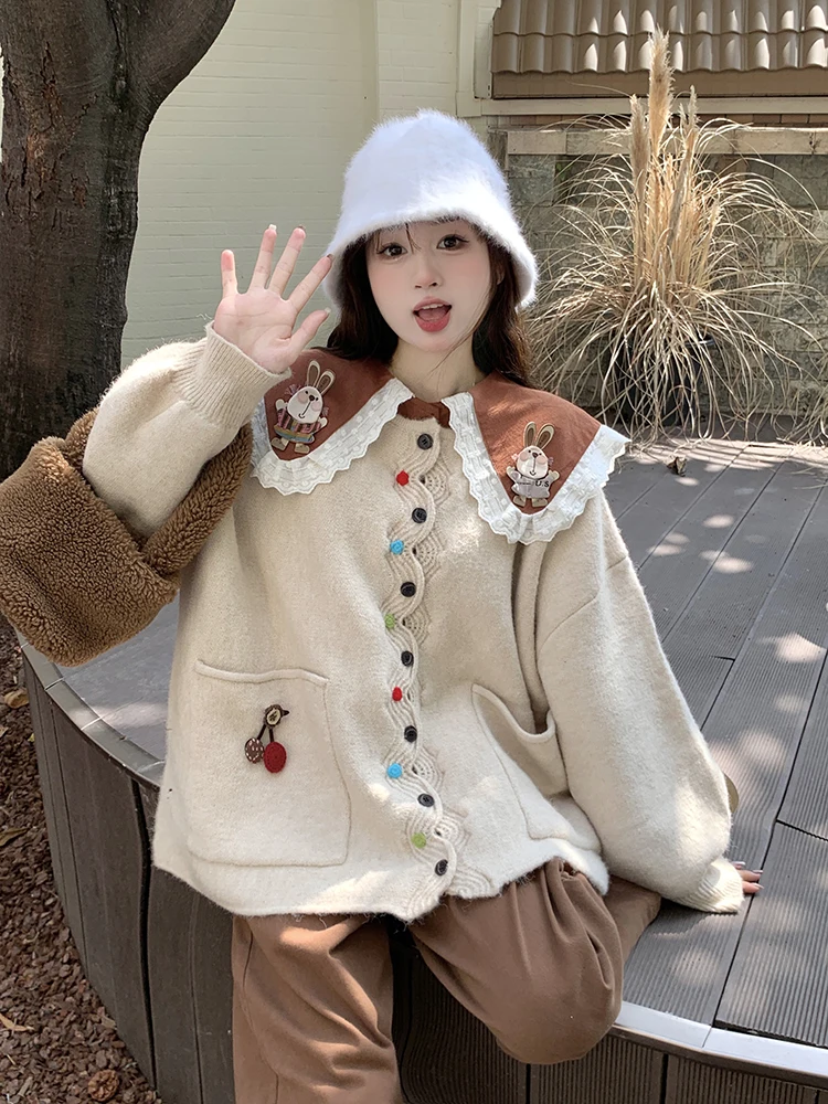 Autumn Winter Warm Knitted Sweater Cardigan Women Sweet Bunny Embroidery Long Sleeve Peter Pan Collar Blouse Kawai Knitwear Coat