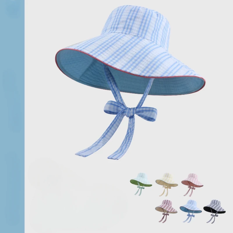 Korean Plaid Windproof Lace-up Double-sided Bucket's Hat Women Spring and Summer Eaves Sunshade Versatile Foldable Sun Cap