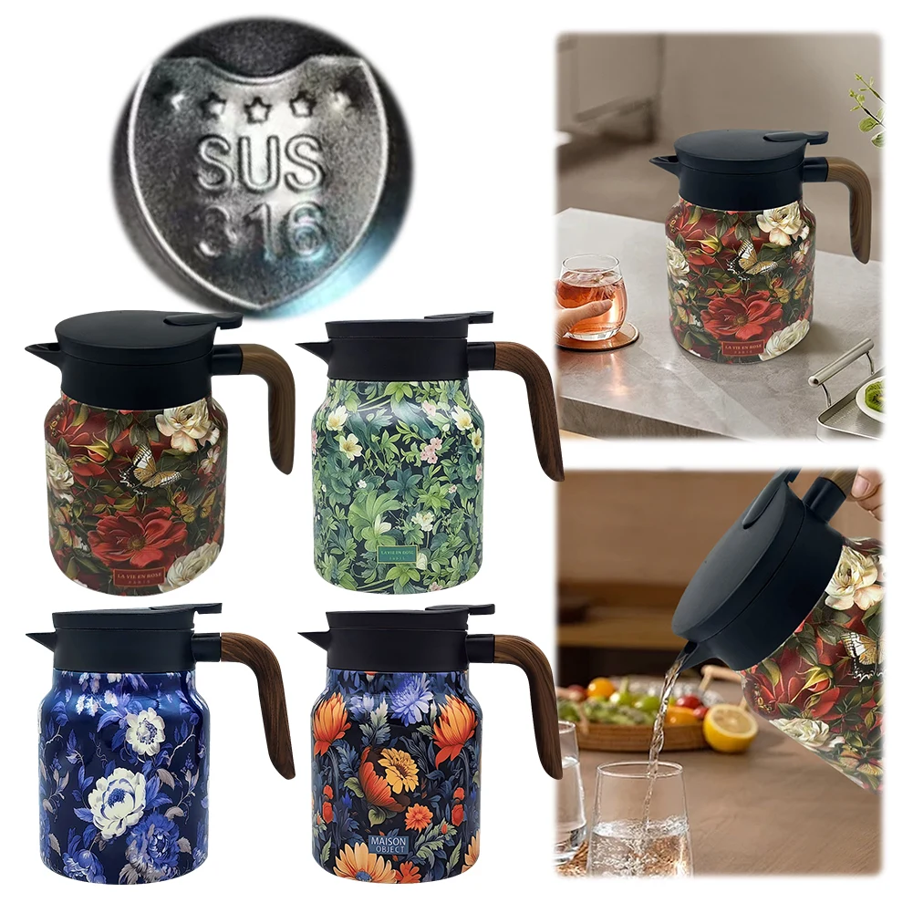 1000ml Floral Pattern Teapot Stainless Steel Mini Hot Coffee Pot Built-in Infuser Tea Separation Water Bottle for Kitchen