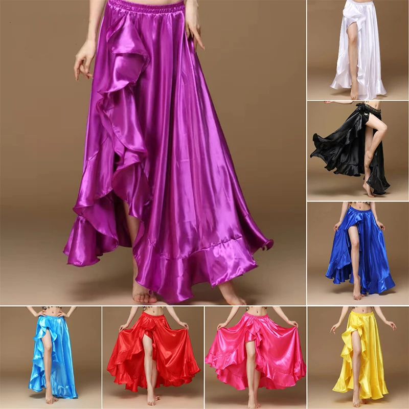 2025 sexy dança do ventre lado puxando saia longa de cetim senhora saias de dança do ventre feminino sexy oriental saia de dança do ventre profissional