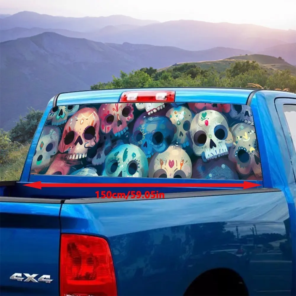 Colorful Cartoon Skulls Stacked Together Car Vinyl Wraps Car Rear Windshield Sticker Truck Window See Through Perforated Back Wi