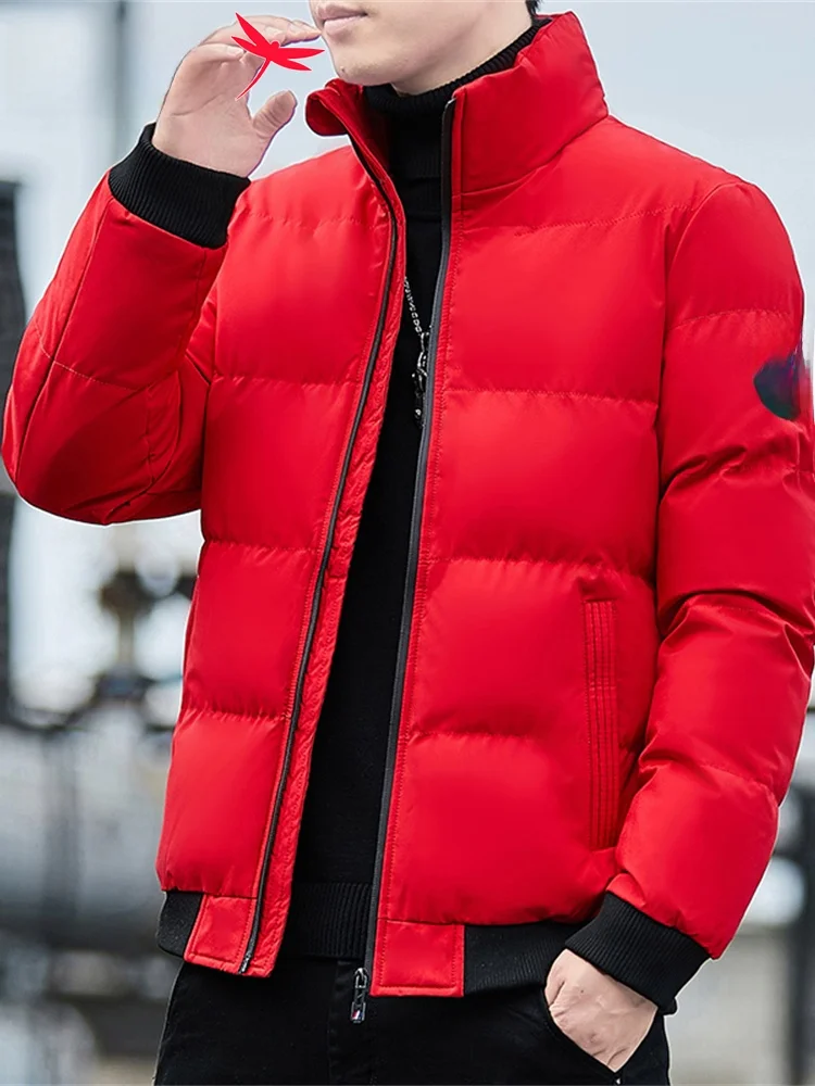 Red Cotton Jaet for Men Thiened Winter New Sle Casual Zipper Closure Long Sve Youth ular Warmth Stand Collar Coat