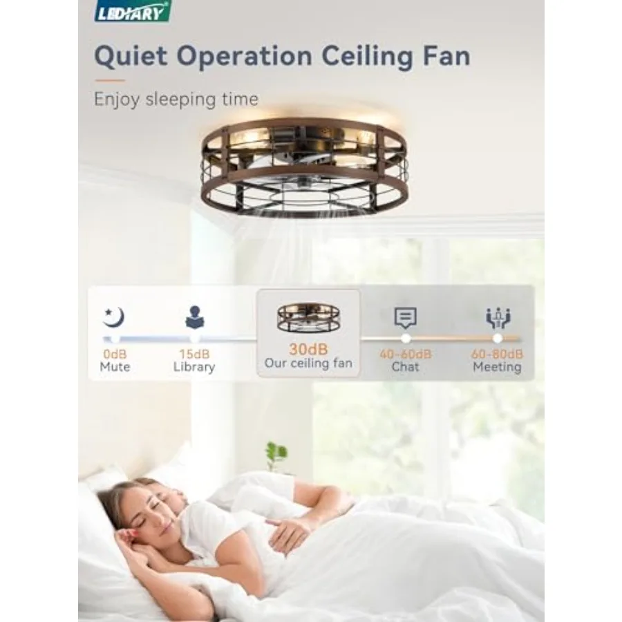 20 Caged Ceiling Fan with Light and Remote, Walnut Finish Metal Blades, Rustic Farmhouse Style, Low Profile Flush Mount Fandeli