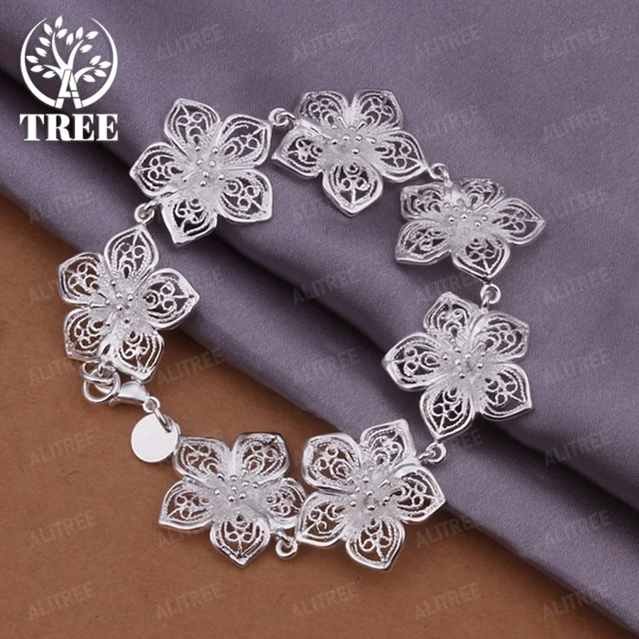 

925 Sterling Silver Bracelet Flower Chain Elegant Beautiful Jewelry Wedding for Women Lady Cute 20cm 8inch