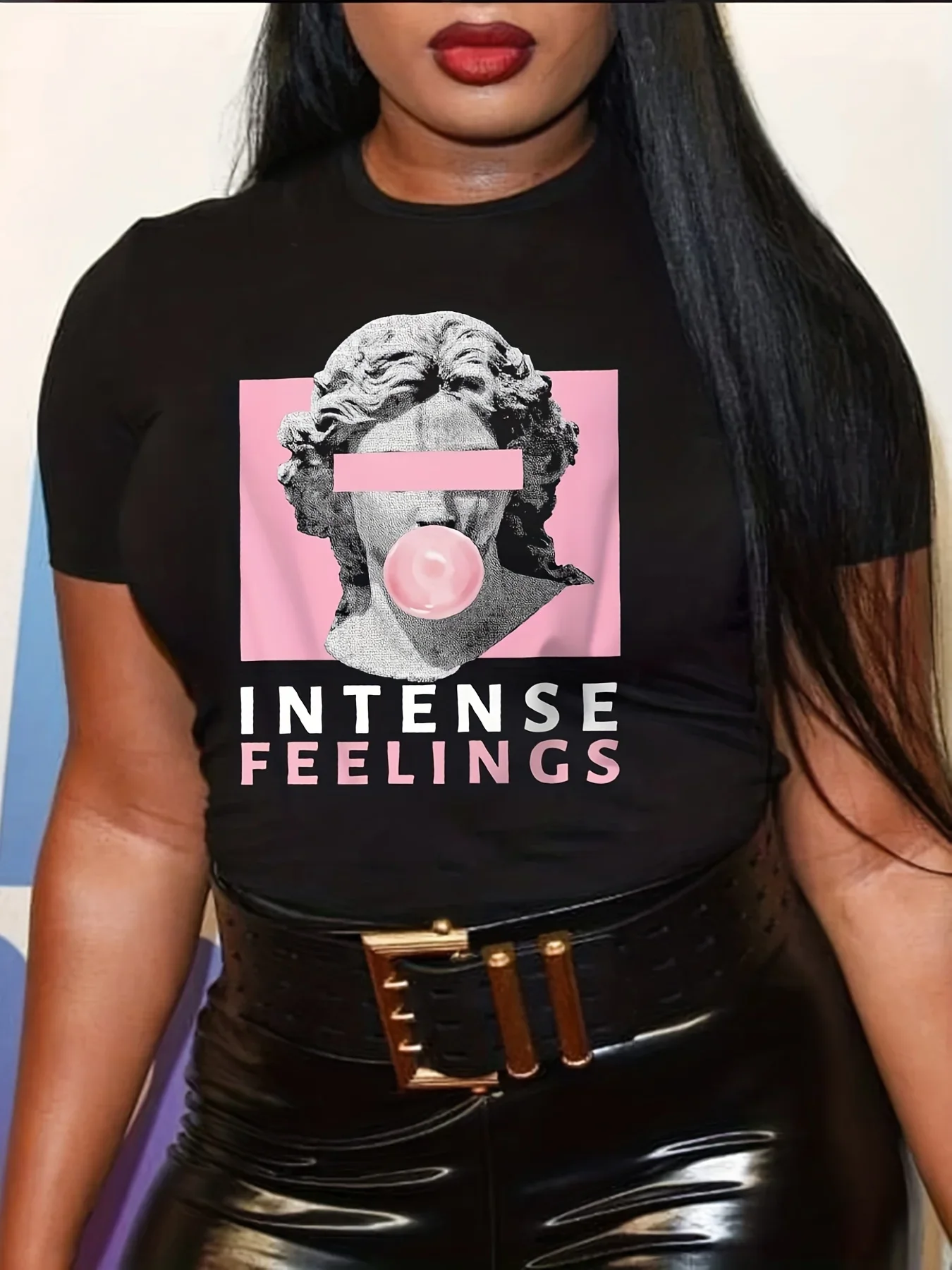 Plus Size Casual T-shirt, Women's Plus Sculpture Graphic & Letter Print Short Sleeve Round Neck Medium Stretch T-shirt