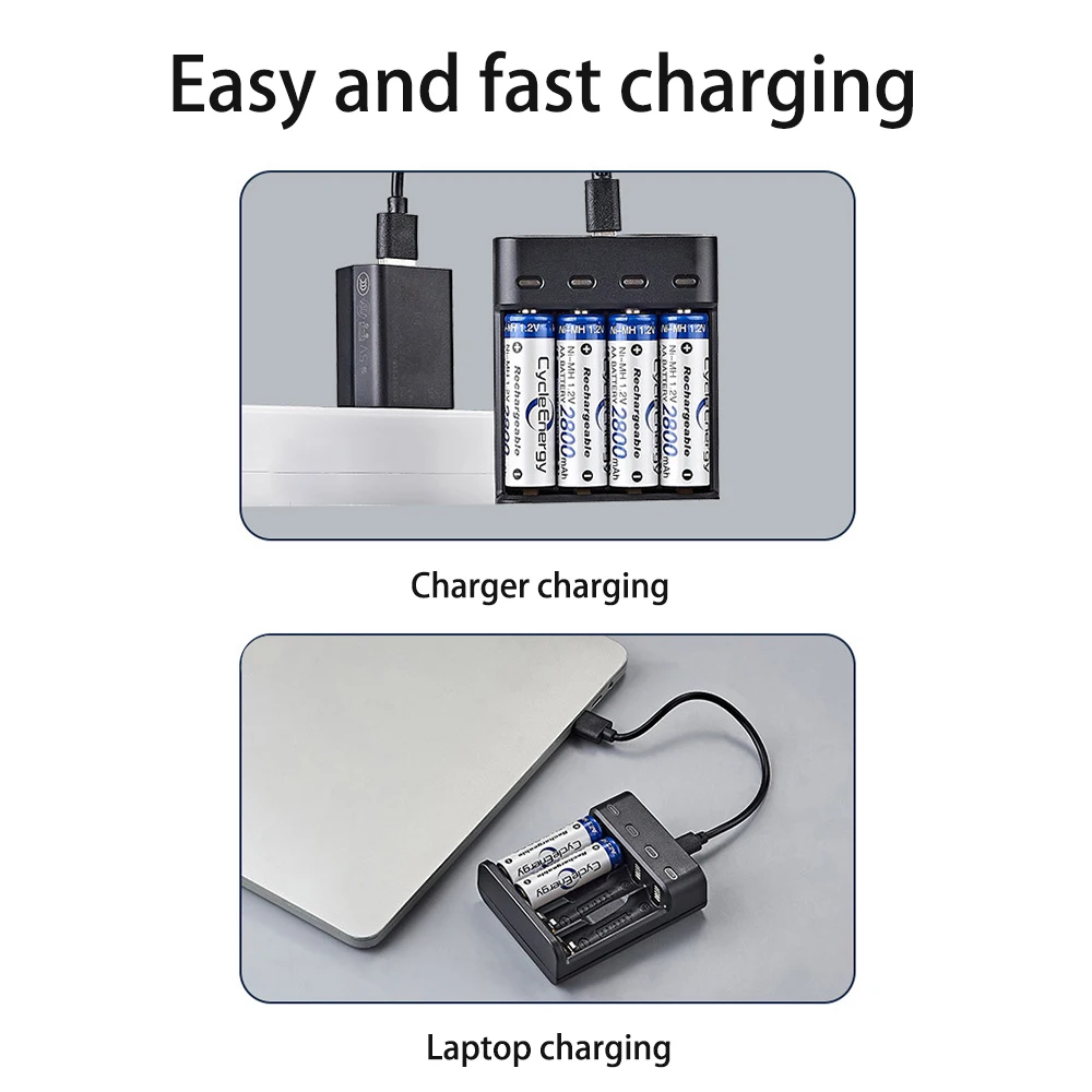 USB Battery Charger 4-Slot Fast Intelligent Battery Charger AA AAA Rechargeable Fast Charging Short Circuit Protection Adapter