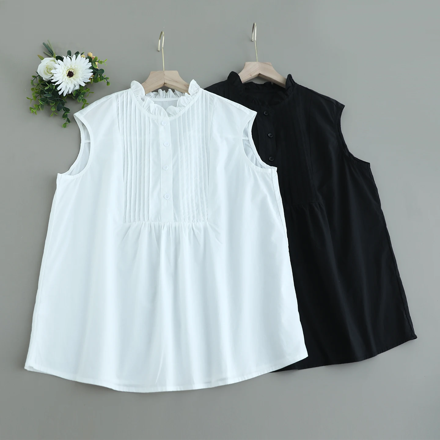 

Japanese Sweet Mori Girl Solid Color Front Folds Cotton Vest Shirts Women Summer Stand Collar Sleeveless Casual Loose Tank Tops