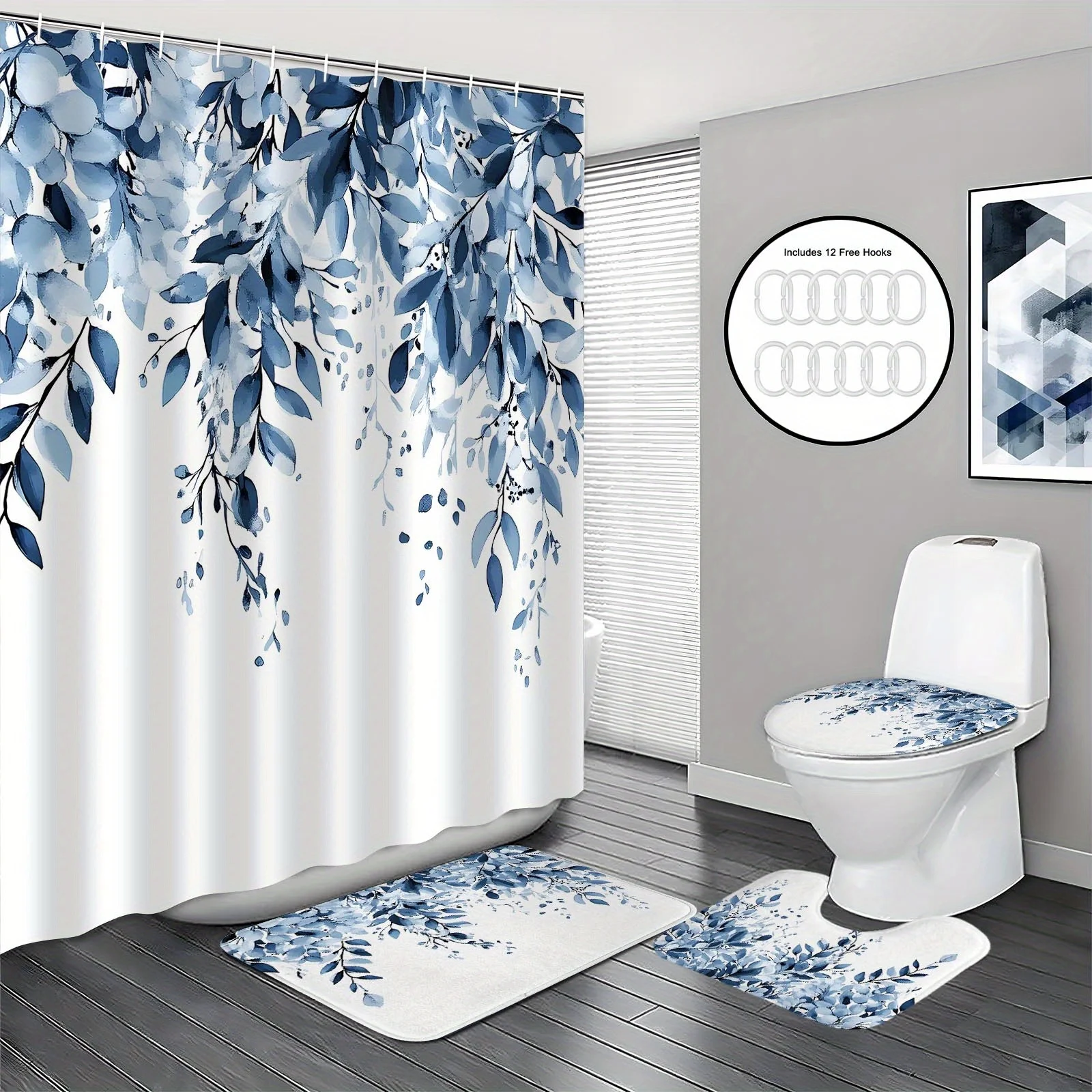 

4-piece navy blue eucalyptus bathroom set, non-slip mat, U-shaped mat, toilet seat mat, shower curtain