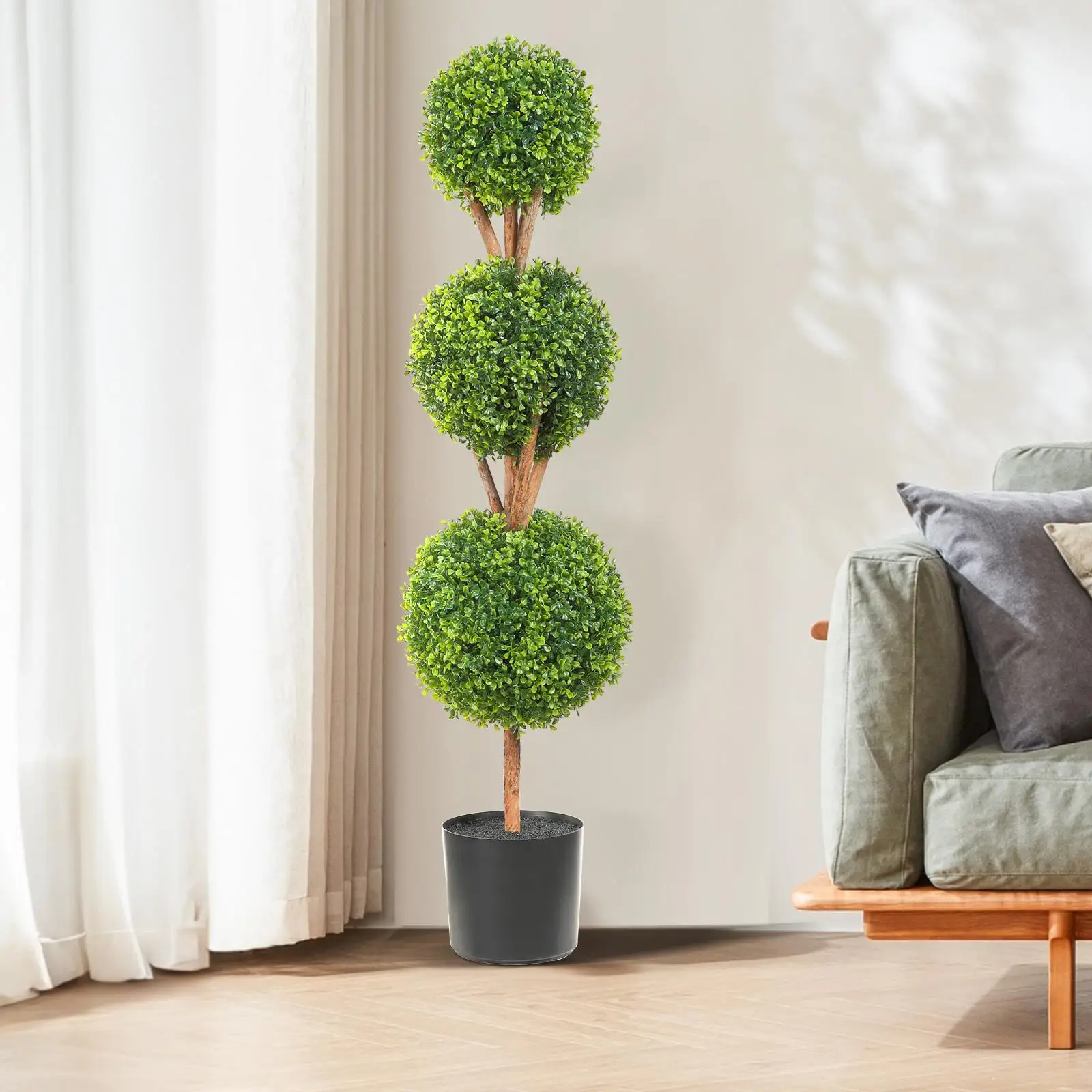 Artificial Boxwood Topiary Trees 48 Inch Tall 2 Pieces 3 Ball Shape Faux Green Plants with Planters Replaceable Leaves Port for Indoor Outdoor Garden Decor