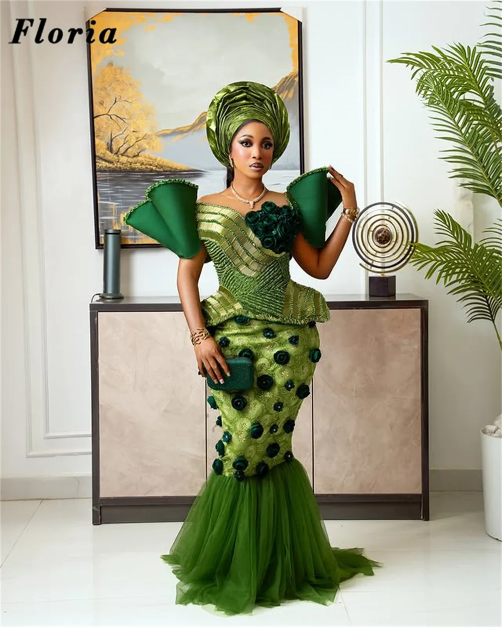 African Green Off Shoulder Cocktail Dresses Nigeria Aso Ebi Formal Beaded Prom Dress Customized Mermaid Diamonds Party Gowns