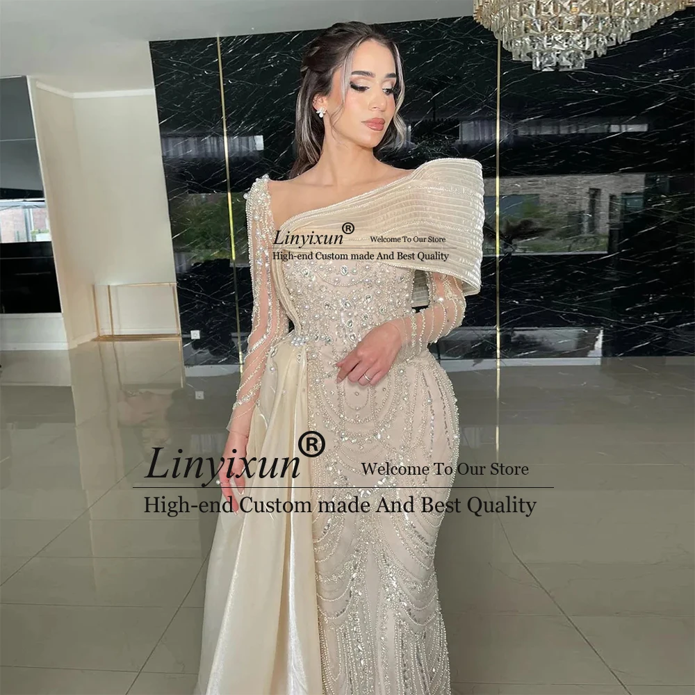 

Luxury Beading Prom Dresses Crystal Sheer Mermaid Wedding Party Gowns Customized Glitter Off Shoulder vestidos largos fiesta