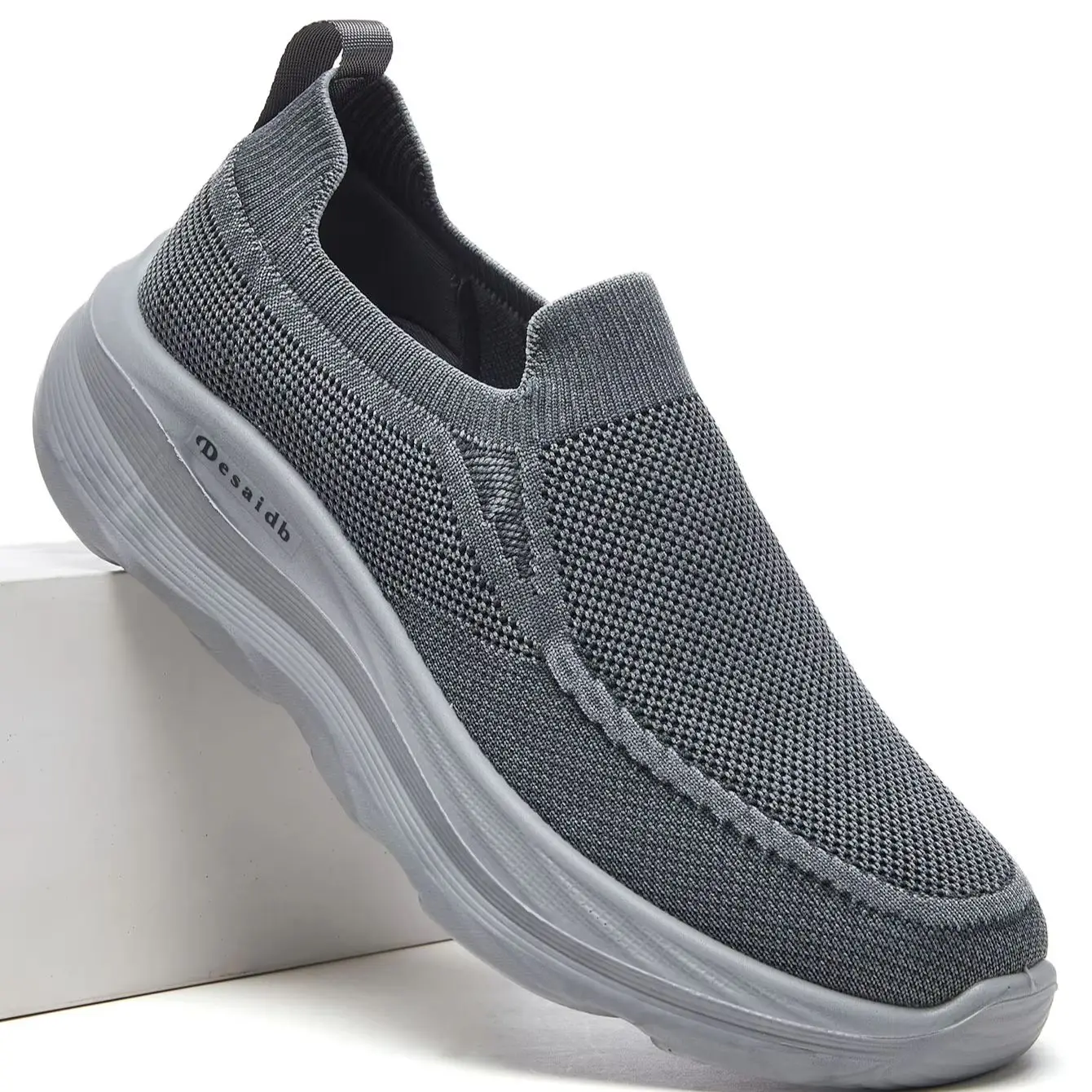 Desai Men Autumn Charcoal Knit Slip-On Walking Shoes, Moc Toe Mesh Sock Sneakers, Thick Cushion Non-Slip Sole Lightweight Autumn