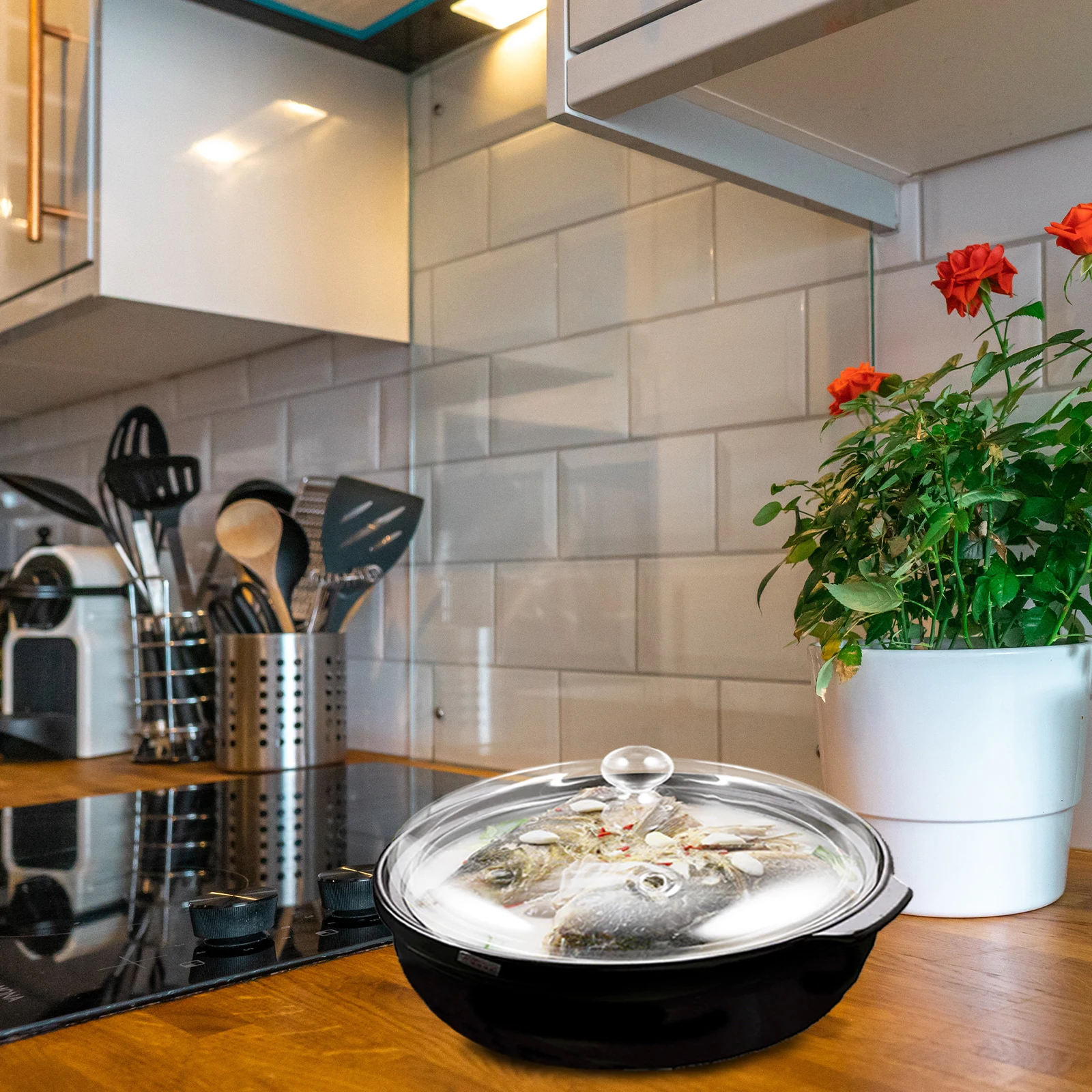 

Glass Stew Pot Lid Heat Resistant Transparent Cover for Cooking Noodle Soup Kitchenware Household Cookware Double Ear Saucepan