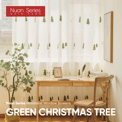 1PC Green Christmas Tree Embroidery Sheer Window Curtain Customizable Living Room Tulle Curtain