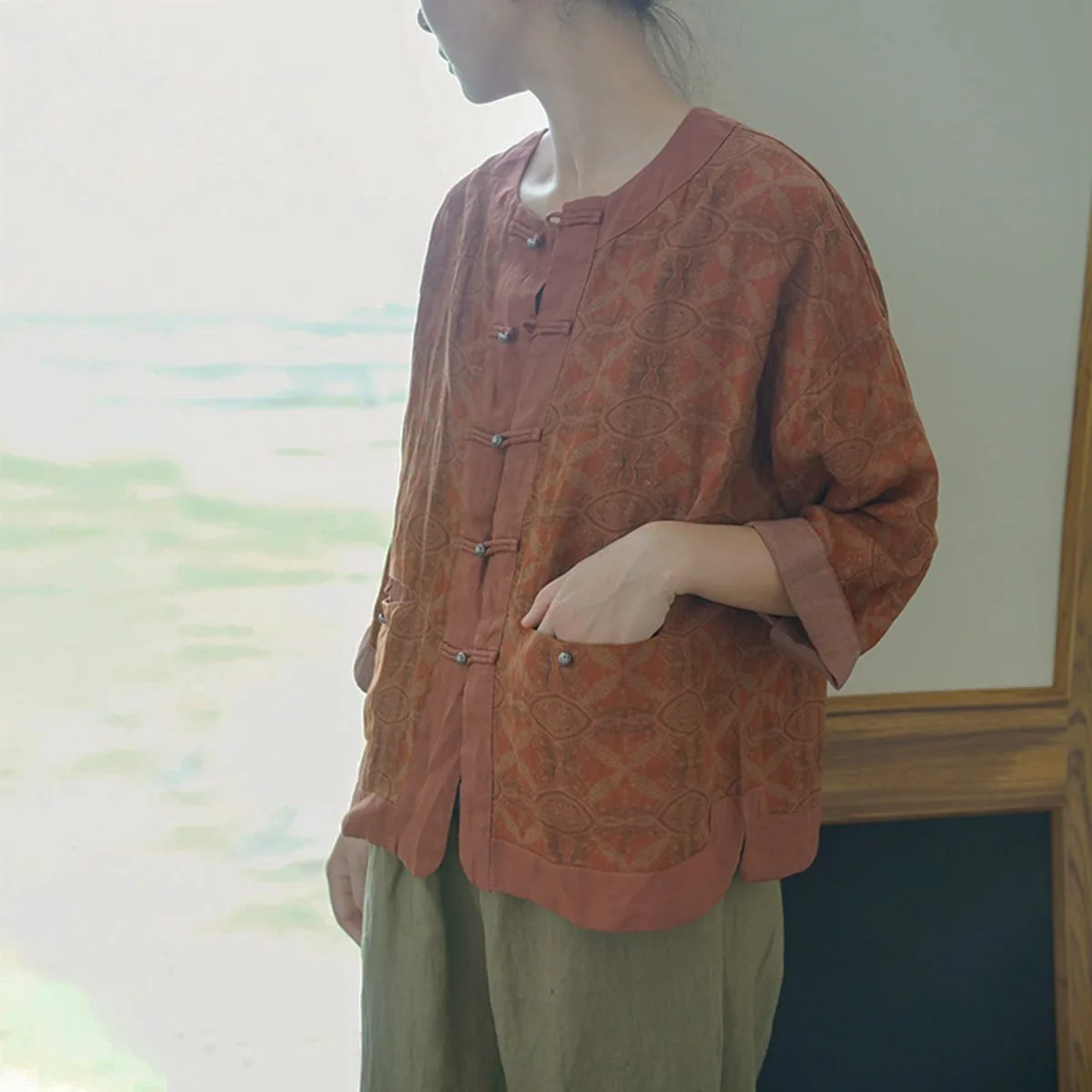 

Quality Linen Chinese Printed Short Jacket Women Retro Loose Button Front Cardigan Autumn Leisure Collage Long Sleeves Shirt