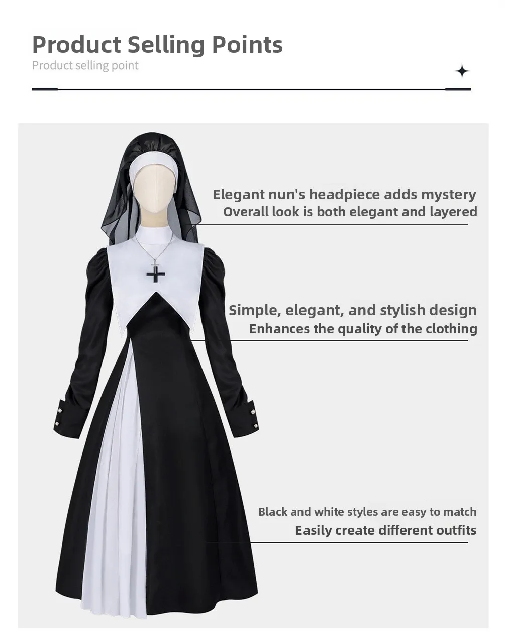 Damen Krankenschwester Nonne Kostüm mit Puffärmeln und weißer Schürze, Gothic Halloween Horror Party Cosplay Event Kirchen-Thema Outfit – Detail 14