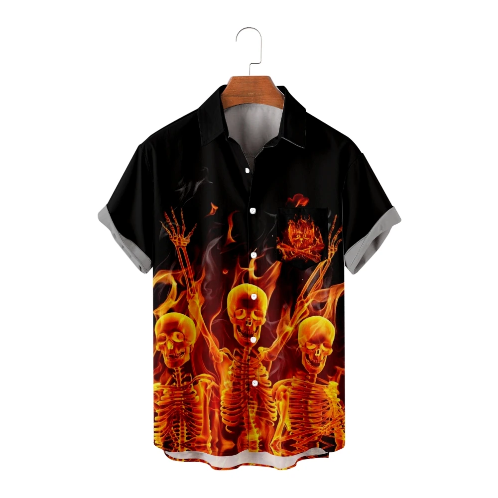 

Casual Shirts for Men Fire Skeleton Cool Tops Short Sleeve Summer Beach Vacation Shirt Breathable