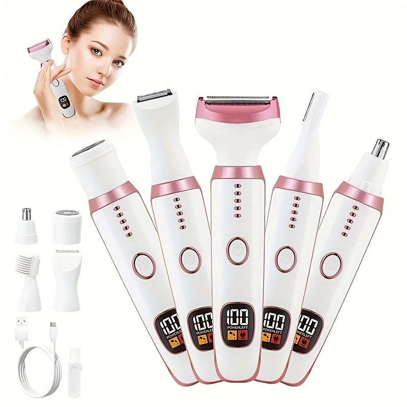 

New 5-in-1 Rechargeable Electric Lady Shaver - LED Display Leg & Underarm Trimmer, Stainless Steel Wet&Dry Hair Remover for Wome