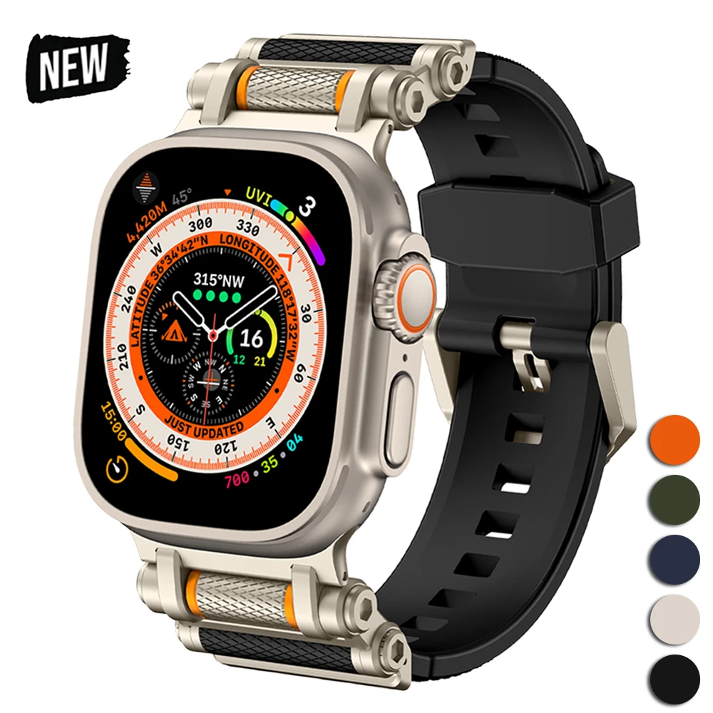 

Rubber Sports Strap for Apple Watch Ultra 2 49mm Series 10 46mm Silicone Metal Bracelet for iWatch 9 8 7 6 5 4 SE 44MM 45MM Band