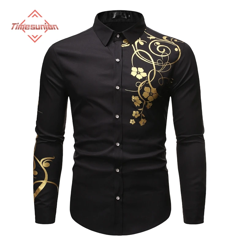 

Gold Flower Print Black Shirt Men 2024 Spring New Slim Fit Long Sleeve Mens Dress Shirts Party Casual Male Social Shirt