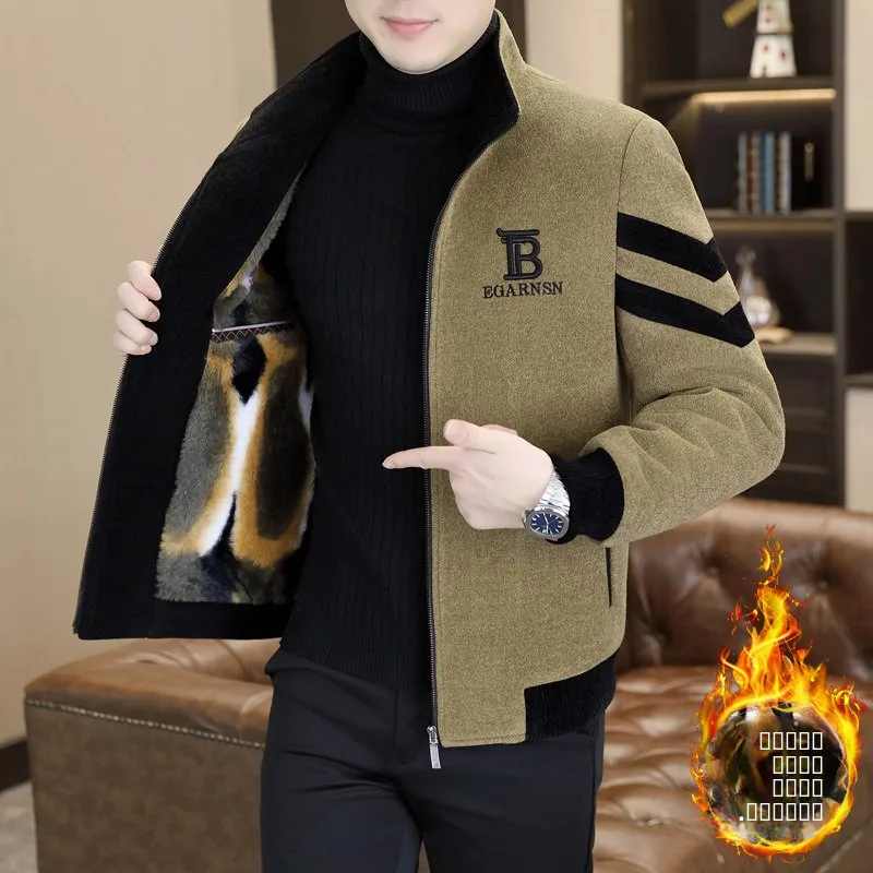 

Men's Faion Urban Winter Jaet Mid-Thi Woolen Stand Collar Fce Lined Coat Stand Fit Long Sve Autumn Winter